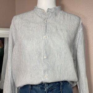 Uniqlo 100% Linen Stripe Button Shirt Band Collar Lightweight Small
